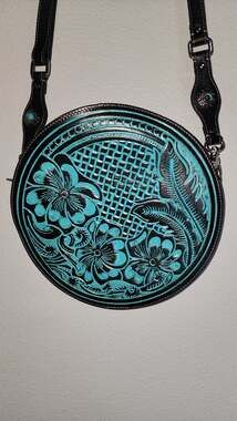 Myra Bag Pinetop Canyon Small Hand Tooled Round Leather Crossbody Bag